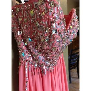 Pink strapless prom dress with rhinestones
